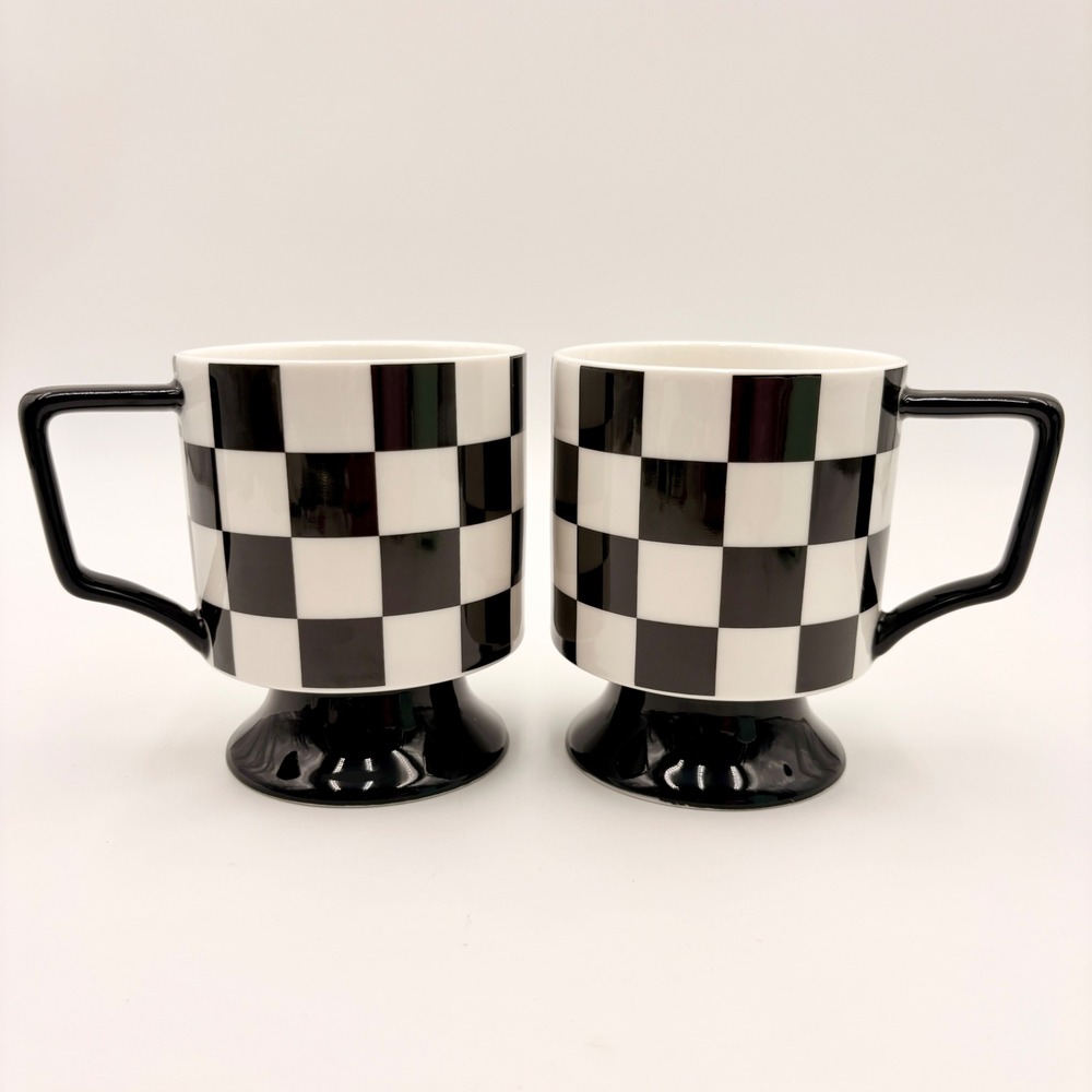 Grace Teaware Checkered Footed Coffee Mugs Set of 2 Black White Grid Pattern